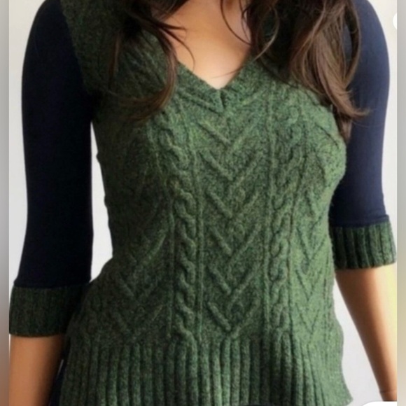 Pilcro and the Letterpress Sweaters - Pilcro and the Letterpress byAnthropology Green/Navy  Cable Knit V-Neck Sweater